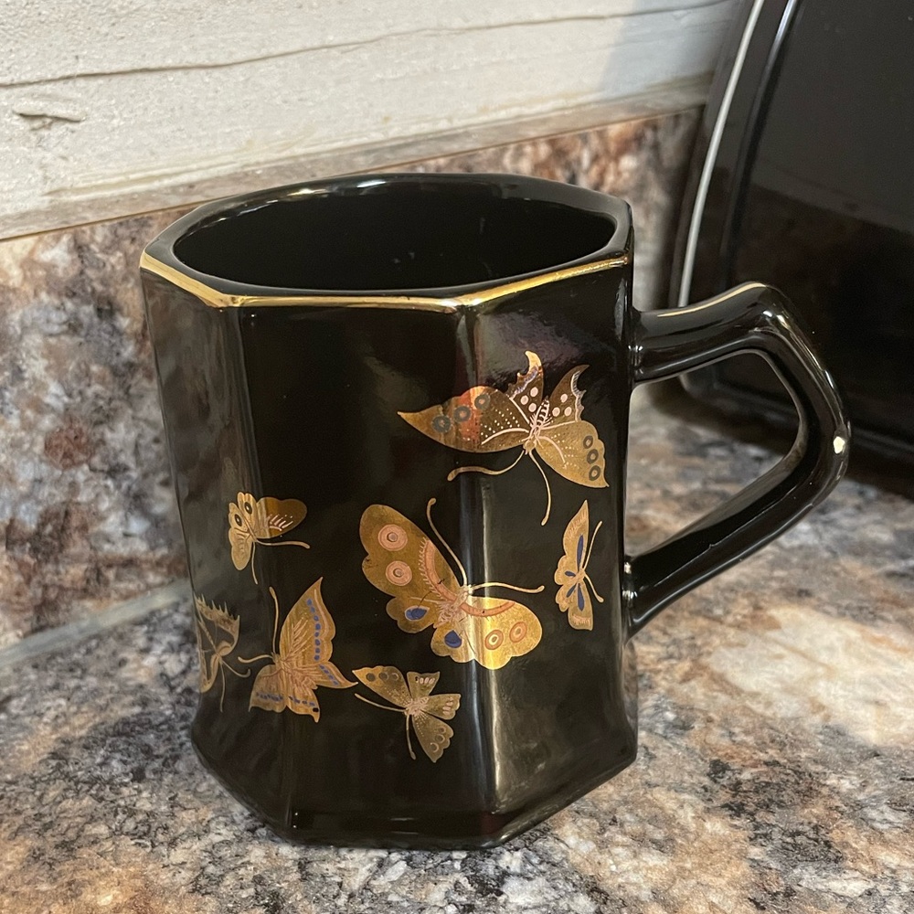 Vintage 1979 Enesco Golden Butterflies Coffee Cup w Gold Trim